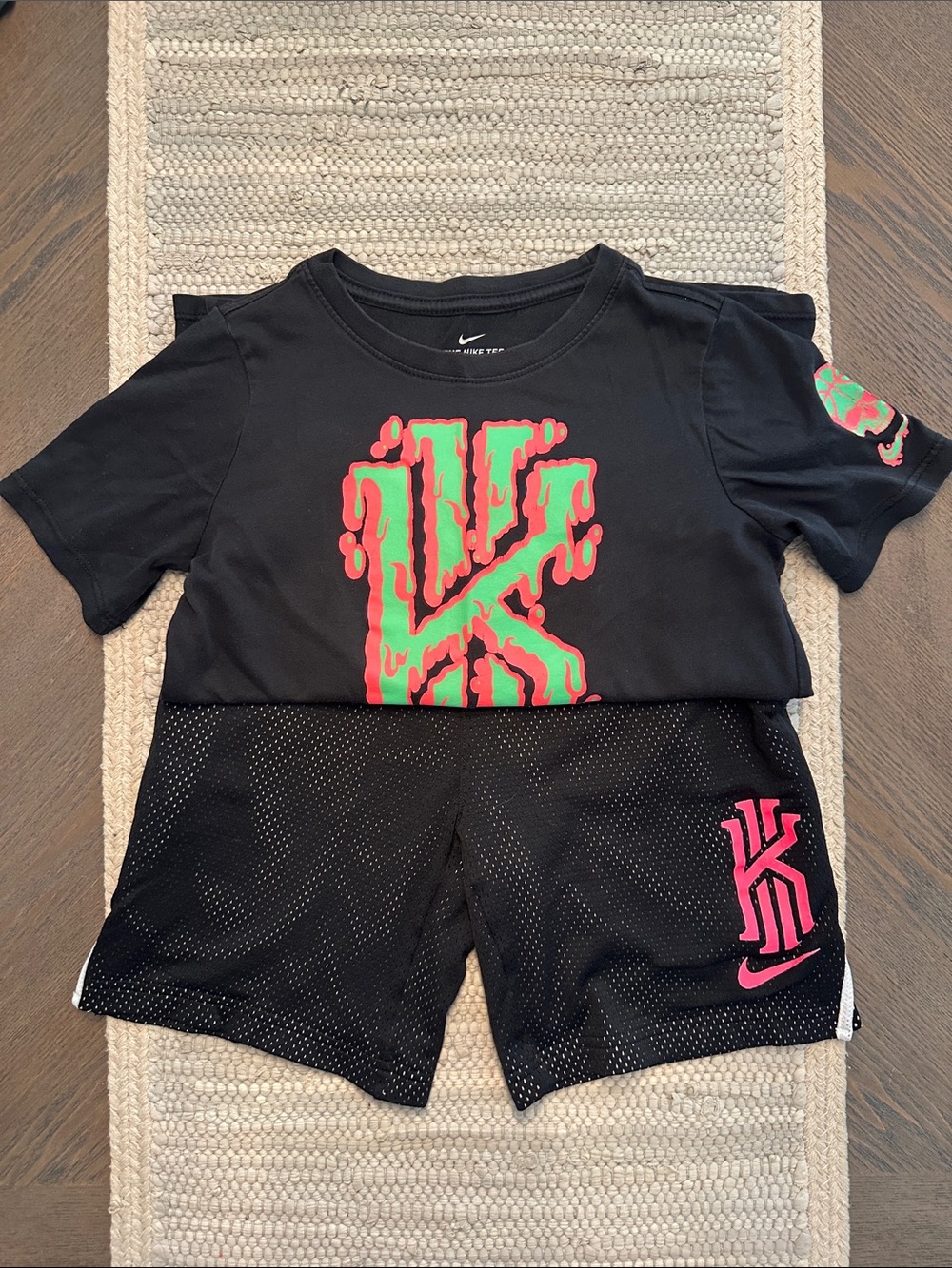 Nike Kids Black Tee & Shorts Set with Neon Pink and Green Graphic